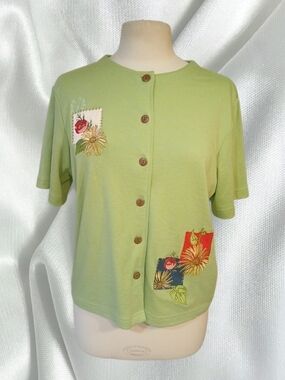 breckenridge Light Green Floral Patch Button-Front Top